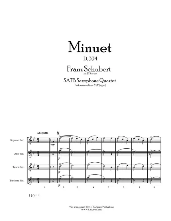 p-35-Schubert-Minuet-D334-Score-Page-1.jpg SATB Sax Quartet | Minuet D.334 by Schubert