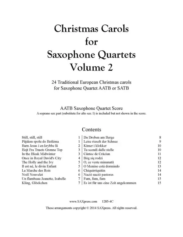 Christmas Carols for Saxophone Quartet Volume 2