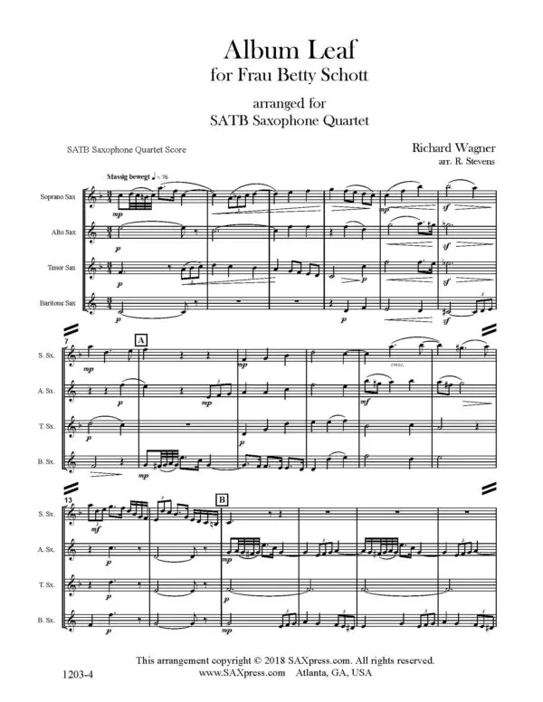 SAMPLE pg 1 1203-4 Wagner Albumleaf for Frau Betty Schott Album Leaf for Frau Betty Schott Saxophone Quartet