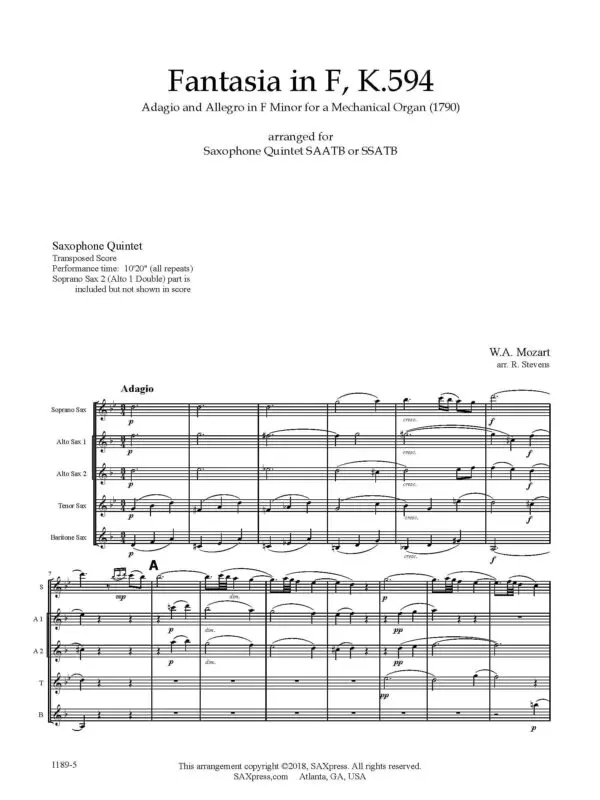 1189-5 MOZART Fantasia in F K594 -1 Fantasia In F, K. 549