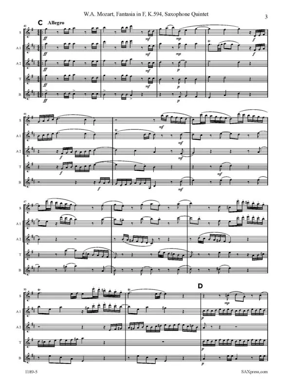 1189-5 MOZART Fantasia in F K594 -3 Fantasia In F, K. 549