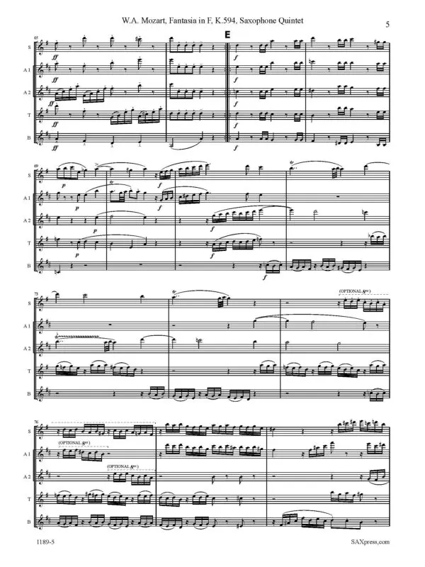1189-5 MOZART Fantasia in F K594 -5 Fantasia In F, K. 549