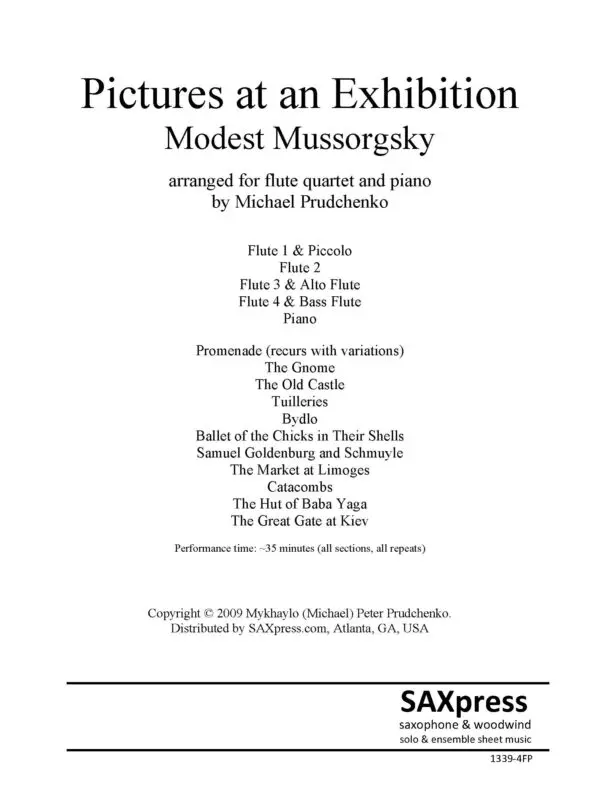1339-4PF Mussorgsky Pictures Flute Quartet Title Pg Pictures at an Exhibition Flute Quartet with Piano
