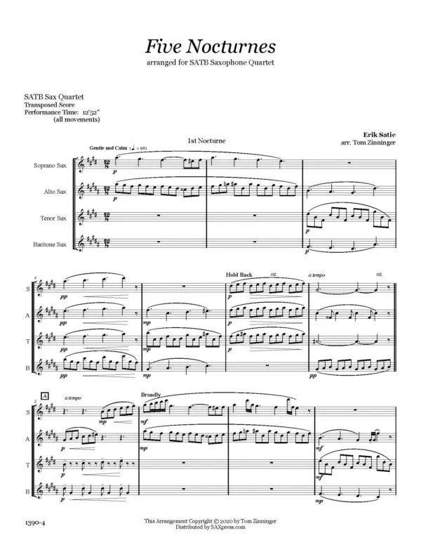 1390-4 SATIE Five Nocturnes SAMPLE 01 Five Nocturnes | SATB Sax Quartet