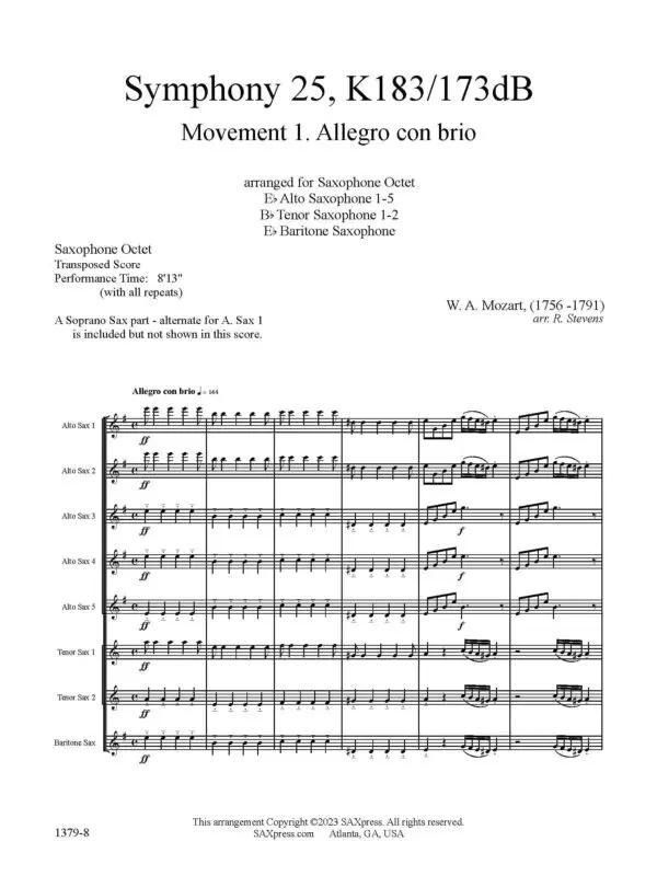 1379-8 MOZART Symphony 25 Movement 1 -00- SCORE sax octet_Page_01 Symphony 25, K183 | Allegro con brio | Mozart | Sax Octet